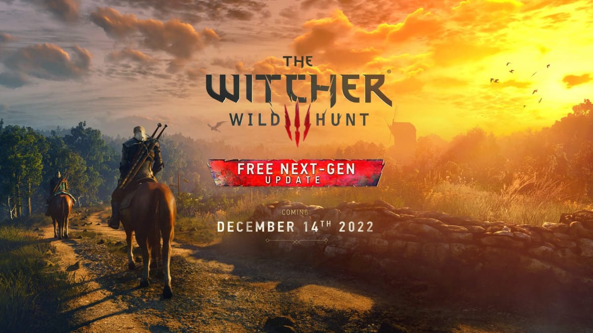 Geralt and Vesemir riding down a path with a Witcher 3 next-gen update banner in the center of the image