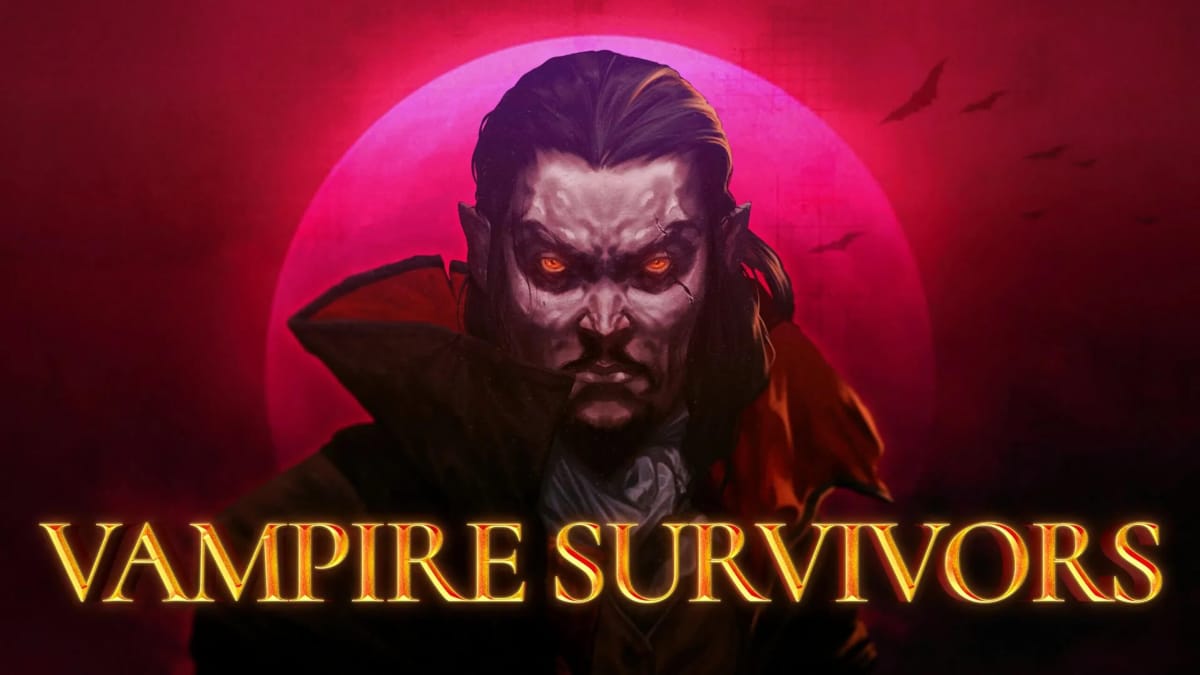 A Dracula-esque vampire staring at the camera and daring you to play the Vampire Survivors console version