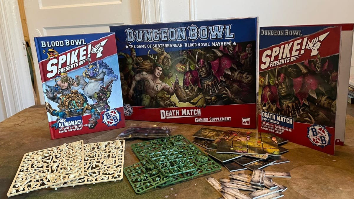 Warhammer Dungeon Bowl Death Match and Spike 2022 Almanac laid out on a table