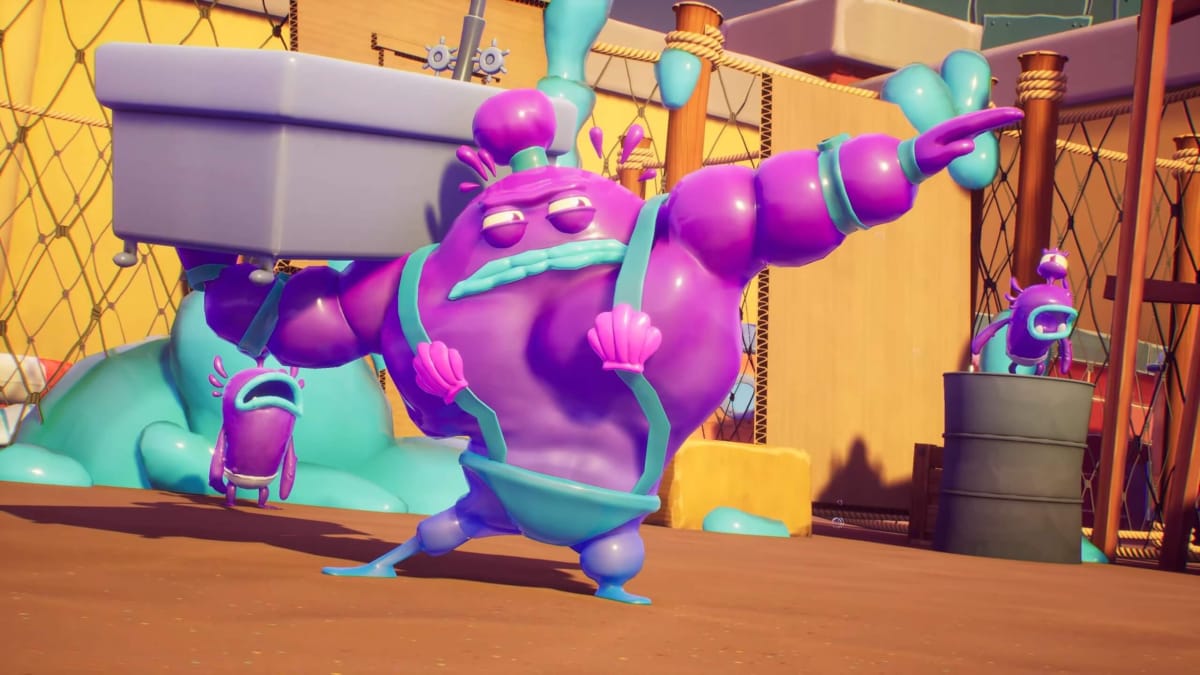 Spongebob Squarepants: The Cosmic Shake screenshot shows off a purple blob with fabulous muscles.