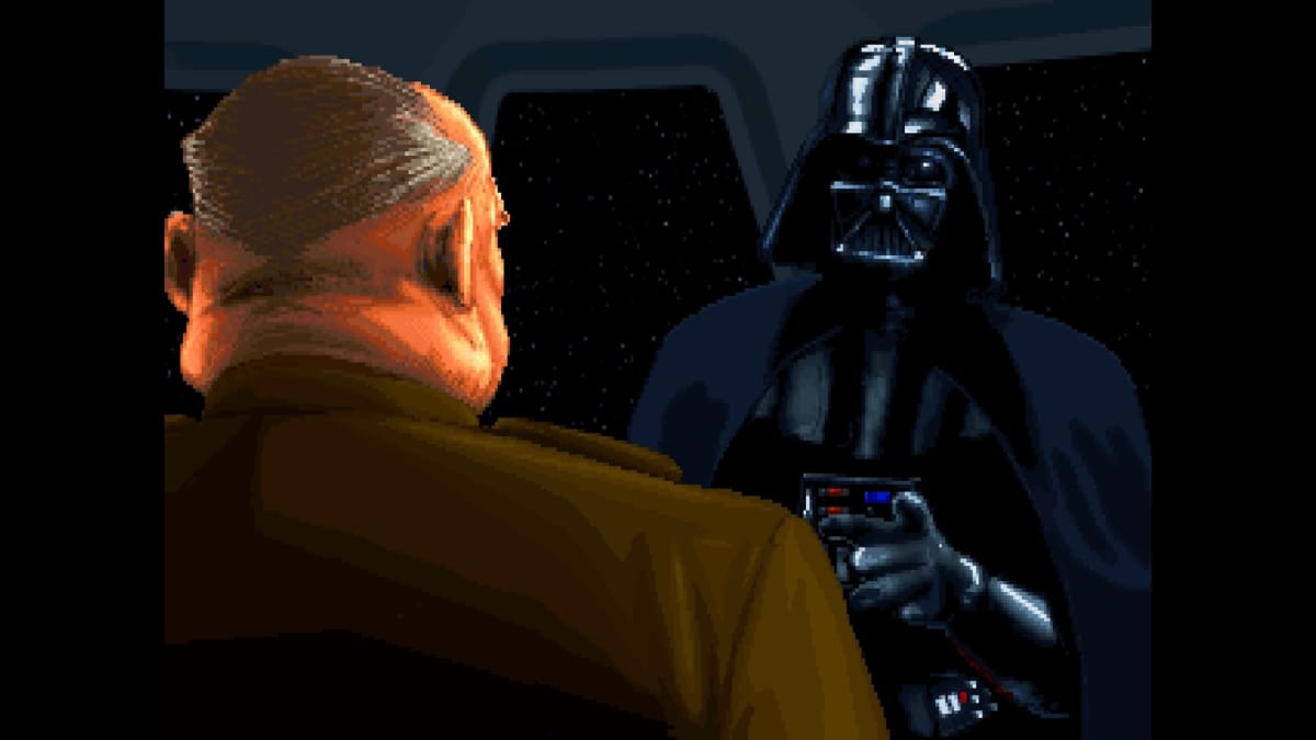 Star Wars Dark Forces screenshot showing an Imperial and Darth Vader.