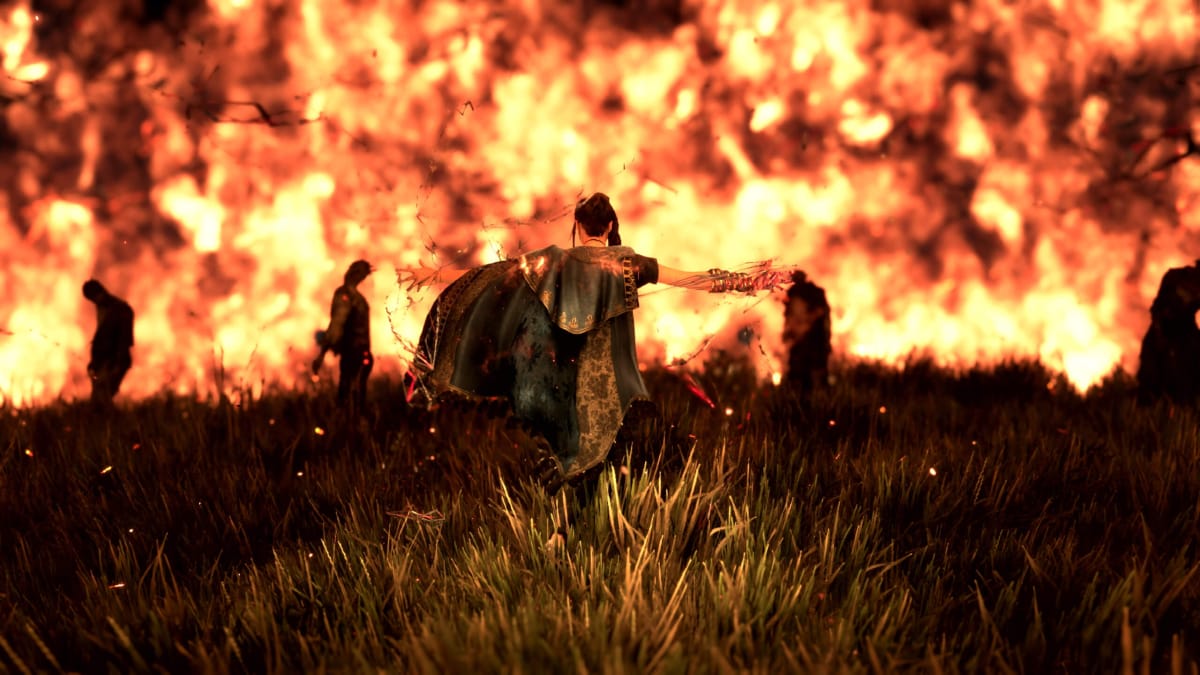 Frey holding her arms out against a fiery backdrop in Forspoken