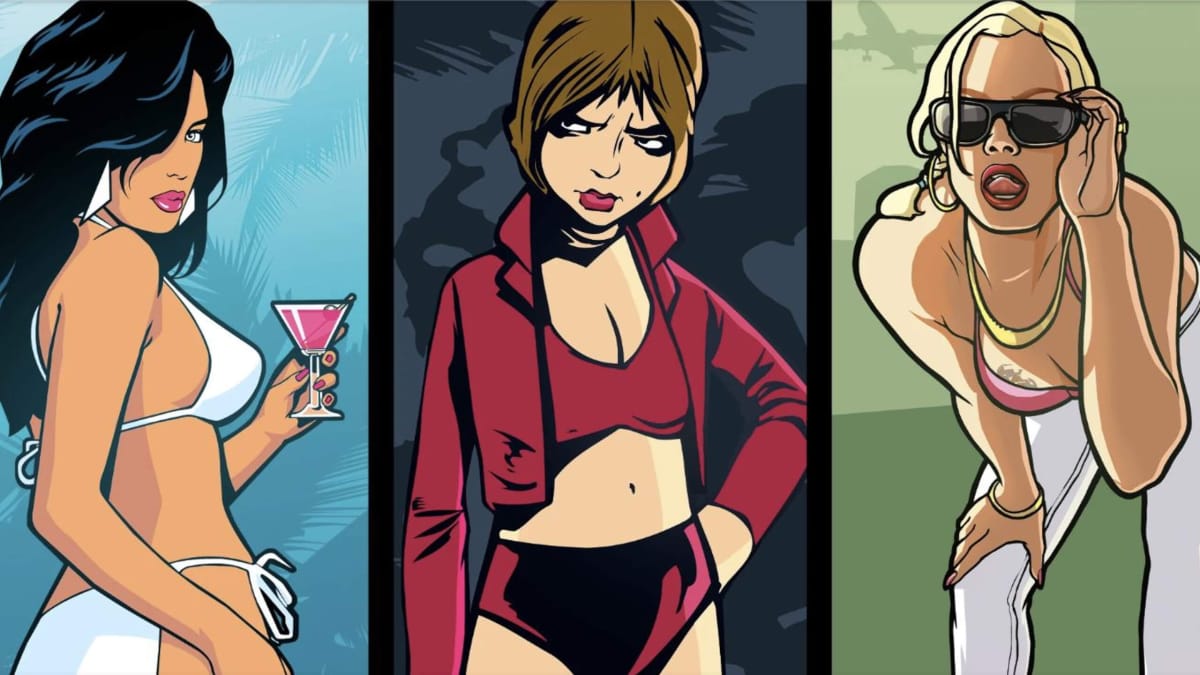 Artwork depicting three female characters from GTA Trilogy Definitive Edition