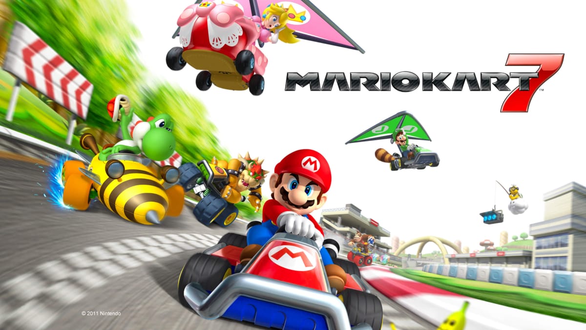 Mario racing against rivals like Yoshi, Bowser, and Luigi in a promo image for Mario Kart 7