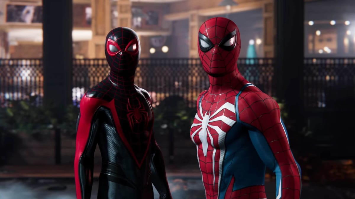 Peter Parker and Miles Morales looking into an alleyway in the announcement trailer for Marvel's Spider-Man 2