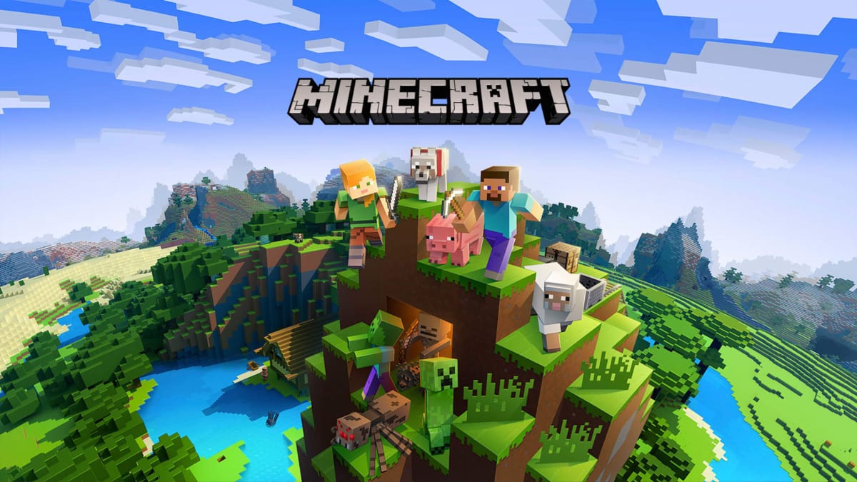 Banner artwork for Minecraft in which several blocky characters stand against a bucolic backdrop