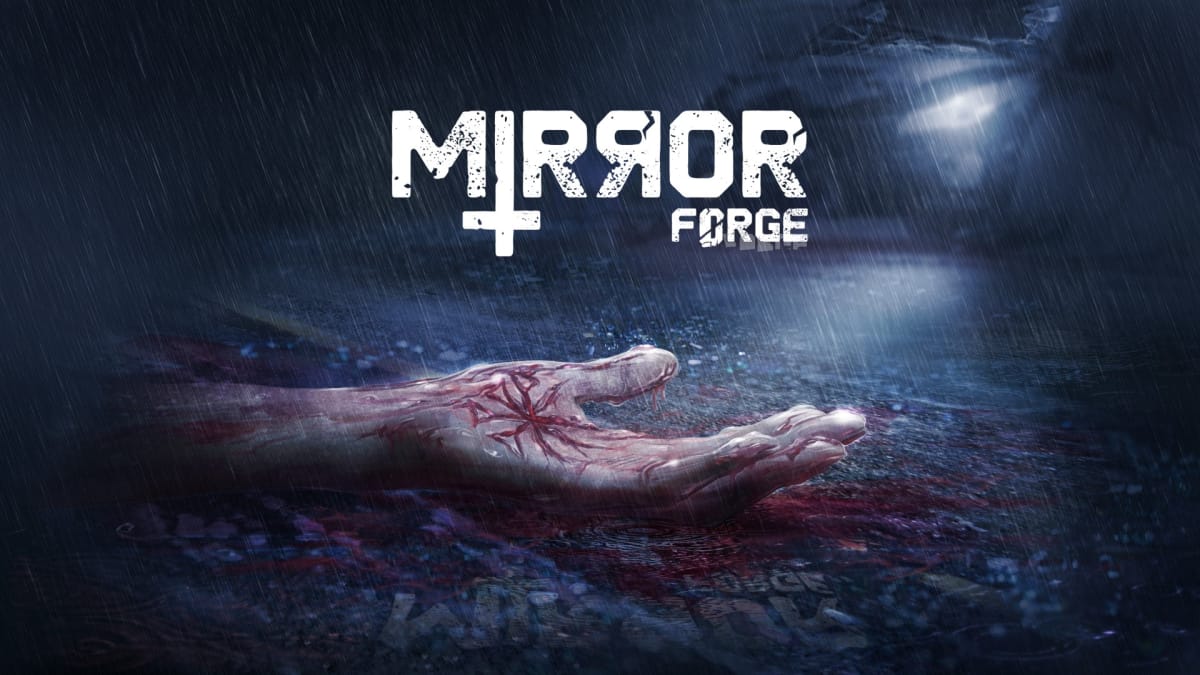 The logo of Mirror Forge in front a rain-drenched highway