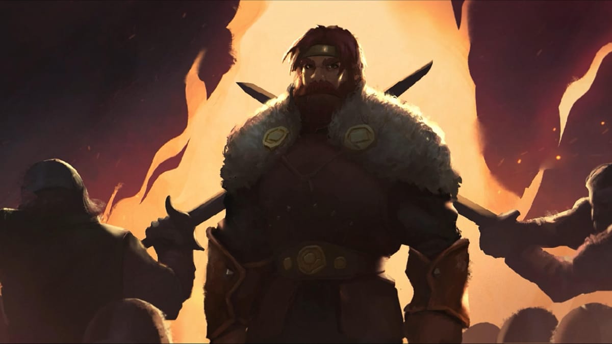 A character from Northgard with crossed swords at his back, flanked by flame