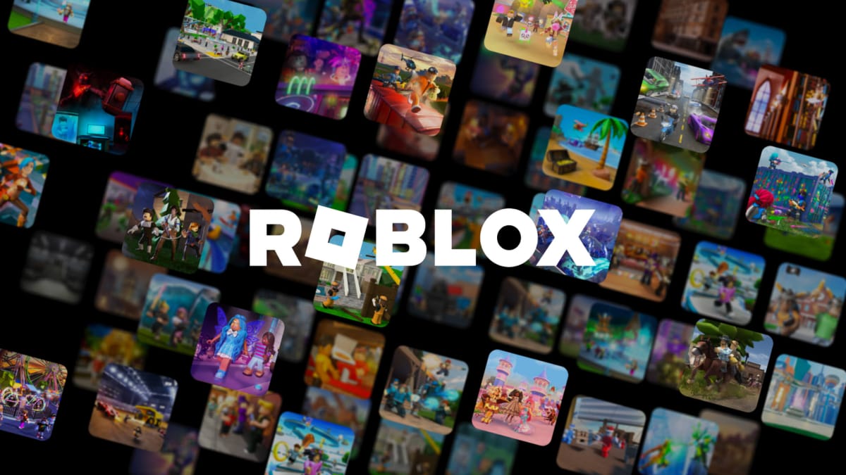 The Roblox logo against a tiled backdrop of some of the games people have created for the platform, or game, or whatever