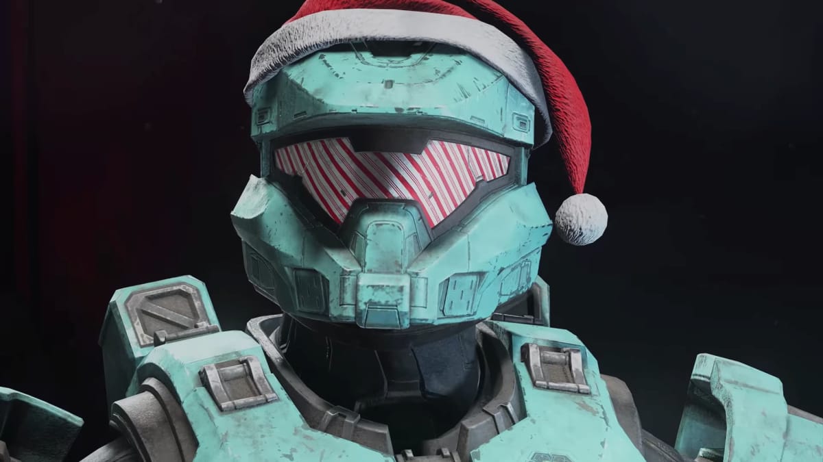Screenshot from the Halo infinite winter Contingency event of a player wearing a santa hat and peppermint goggles 