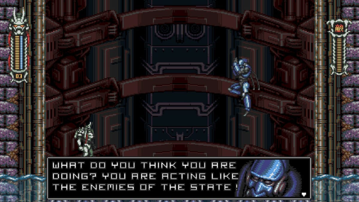 Vengeful Guardian: Moonrider Screenshot of the player speaking to a boss enemy before battle in a large chamber