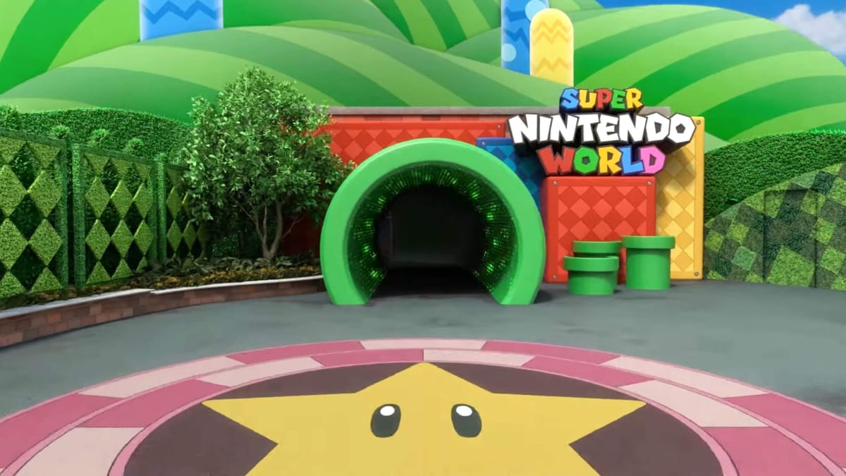 A view into a warp pipe with Super Nintendo World written to the side of it