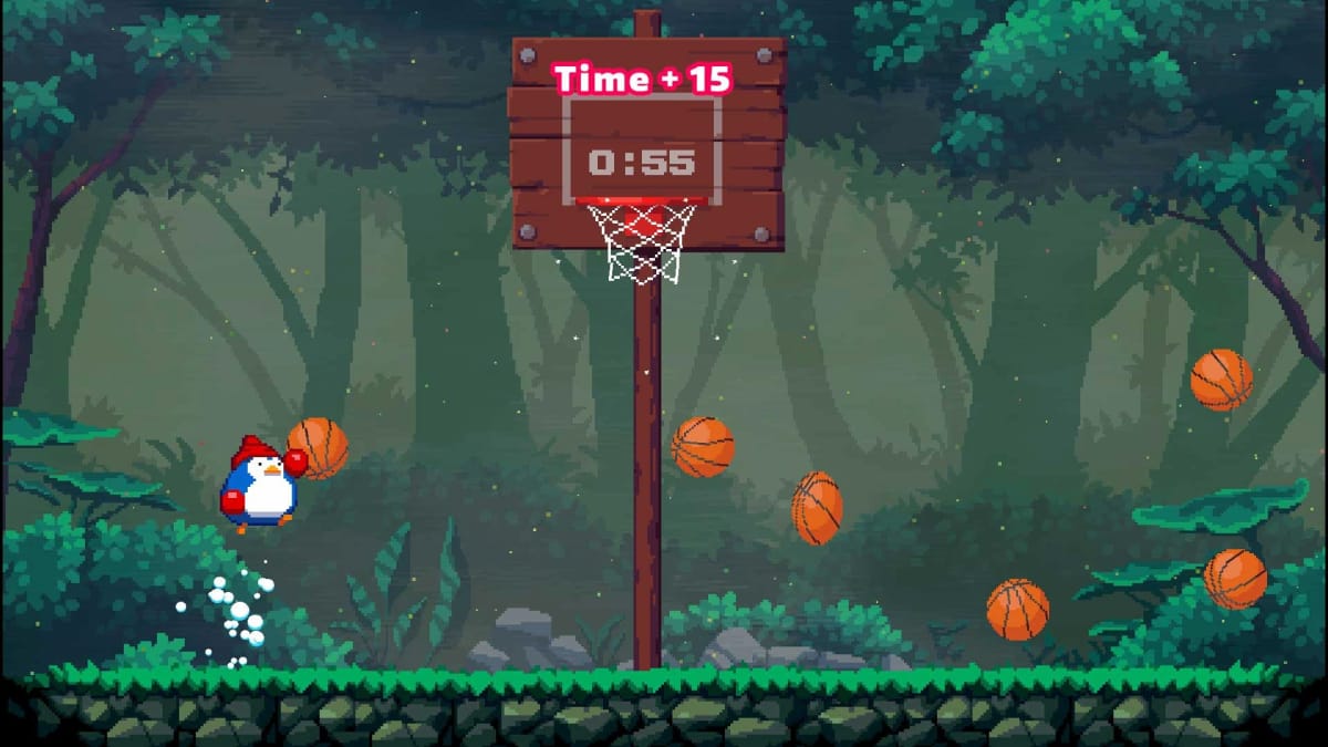 The Punchuin screenshot of the penguin main character dunking a basketball