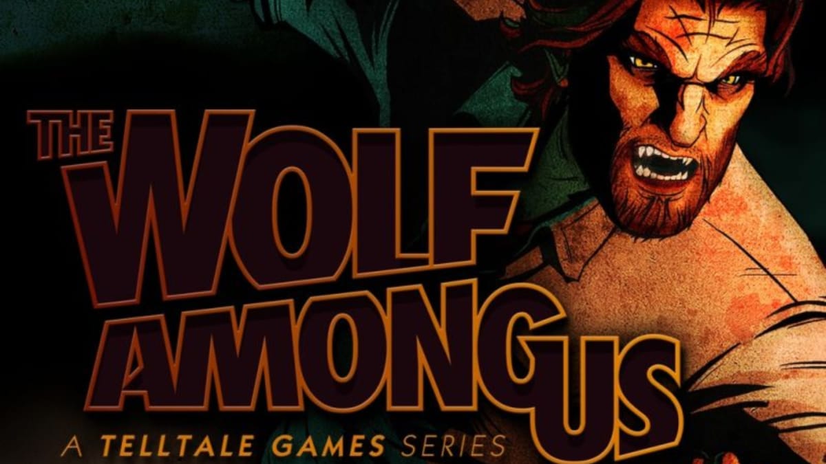 The Wolf Among Us Key Art showing a wolf-like man leaning forward aggressively next to a noir-style title
