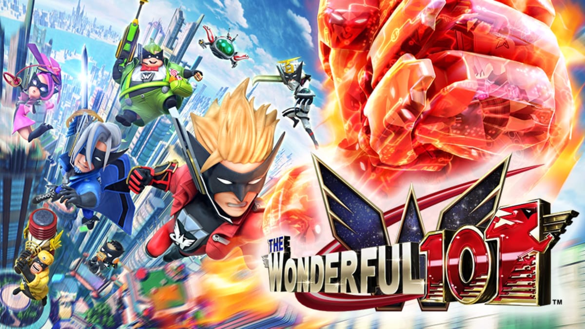 The Wonderful 101 Key Art showing various cartoon superhero characters flying through the sky while the closest punches with a giant flaming fist