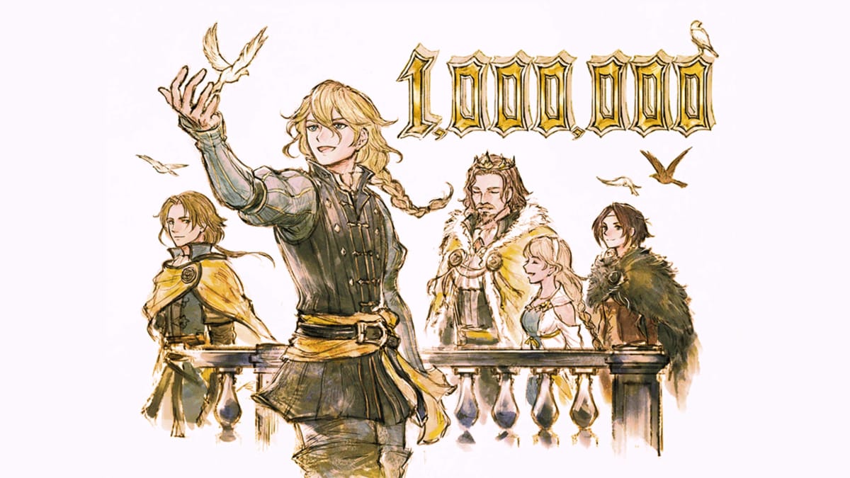 Triangle Strategy header showing some characters celebrating 1 million copies sold.