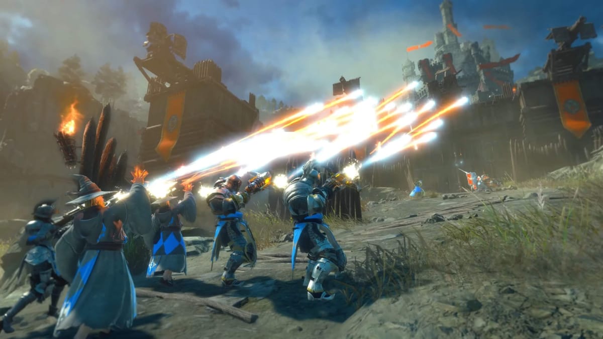 Warlander screenshot showing a group of fighters shooting at a fort.