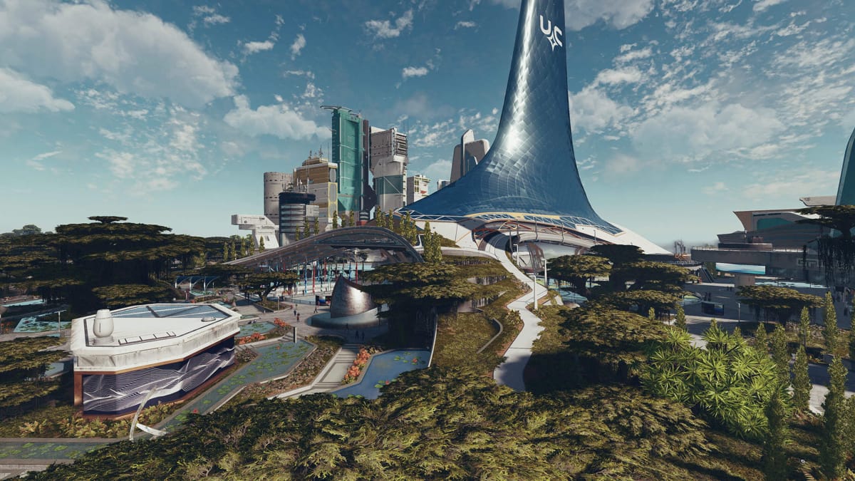 A futuristic cityscape in the ZeniMax title Starfield