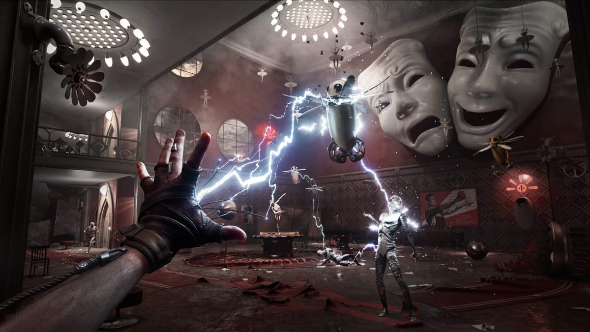 The player firing a lightning bolt out of their hand and zapping enemies in Atomic Heart