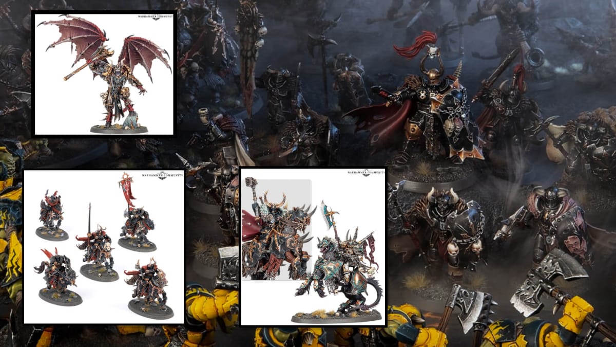An image of the Slaves to Darkness army, including an image of a battle and several key product shots including the Daemon Prince