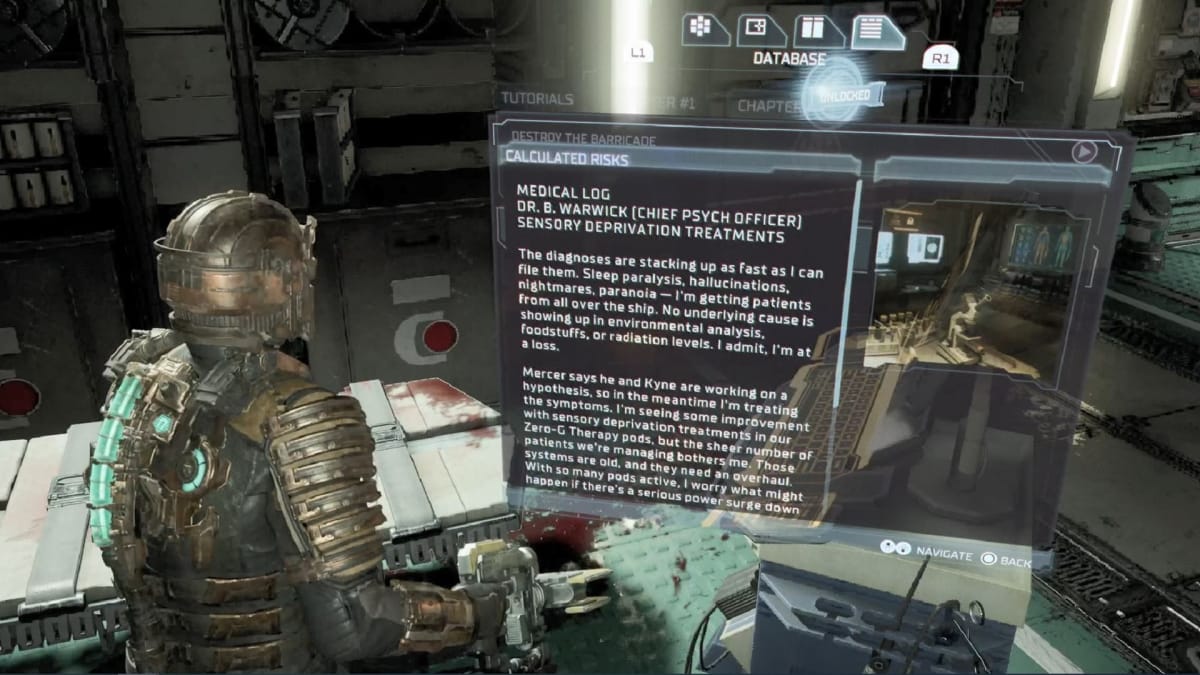 Isaac reading the calculated risk log in Chapter 2 of Dead Space