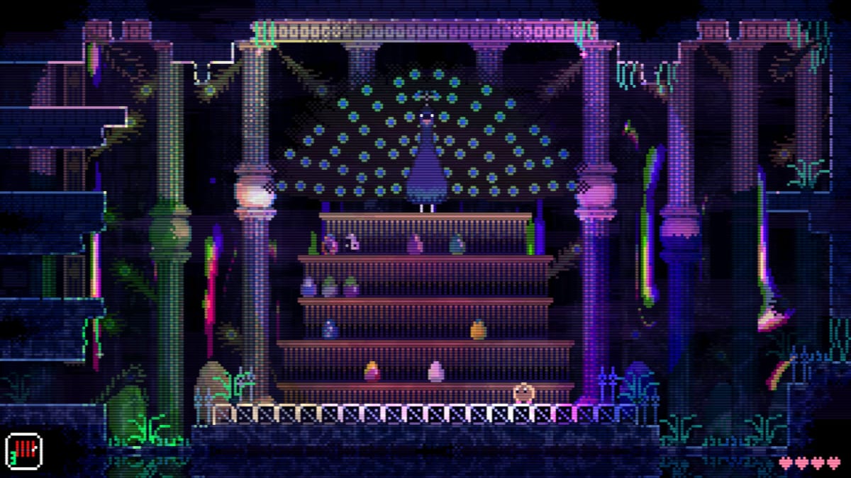 A peacock stands atop several shelves of items in Animal Well, the first project from Dunkey's publisher Bigmode