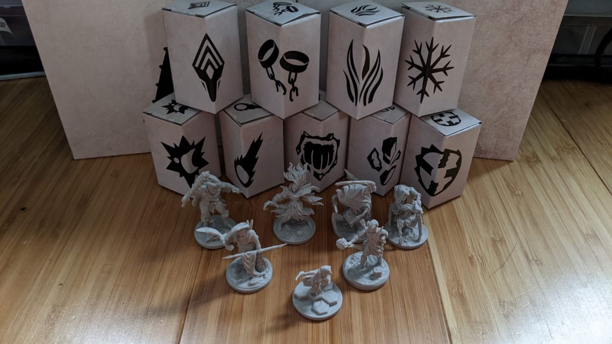 Images of the starting minis, and the boxes for all of the advanced classes in Frosthaven