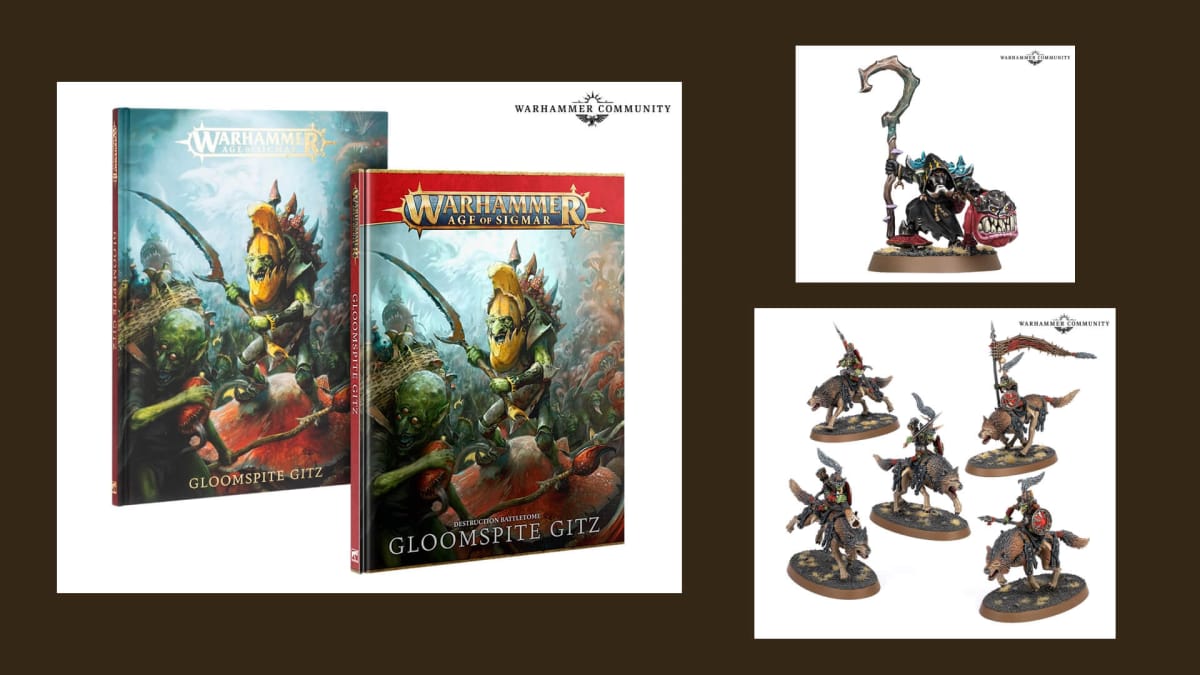 An image comprised of the new Gloomspite Gitz battletome and two new units for the army