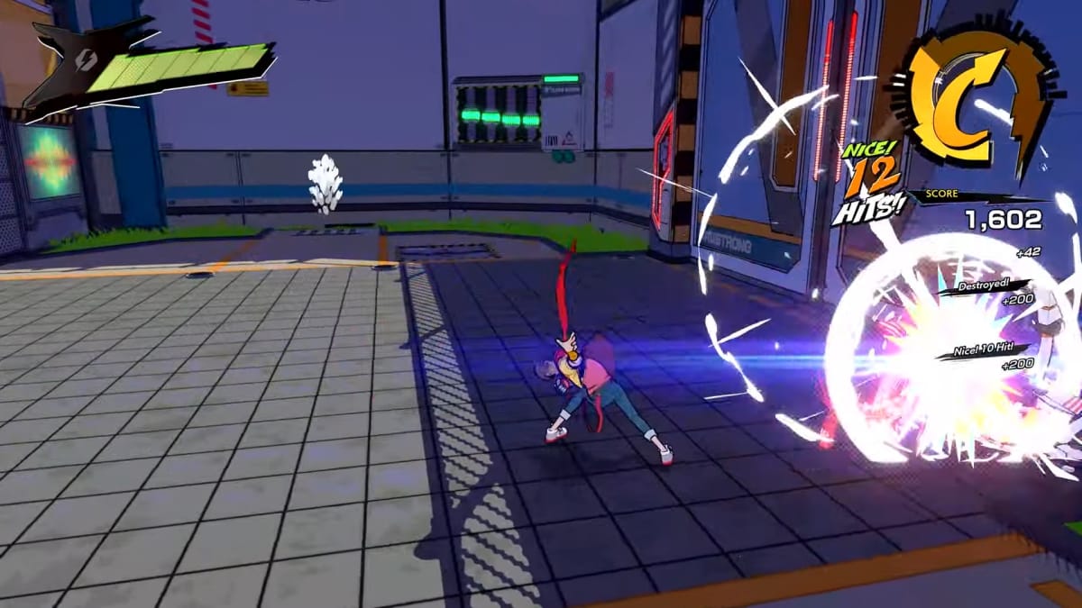 A screenshot from Hi-Fi Rush of Chai beating up some enemies