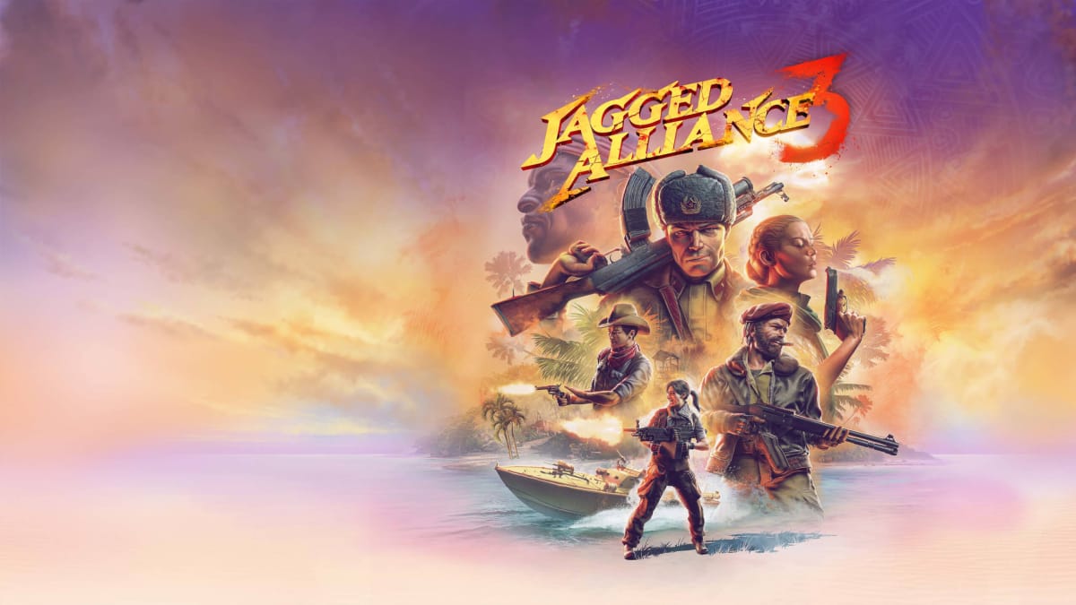 The key art for Jagged Alliance 3, which depicts a number of soldiers wielding guns