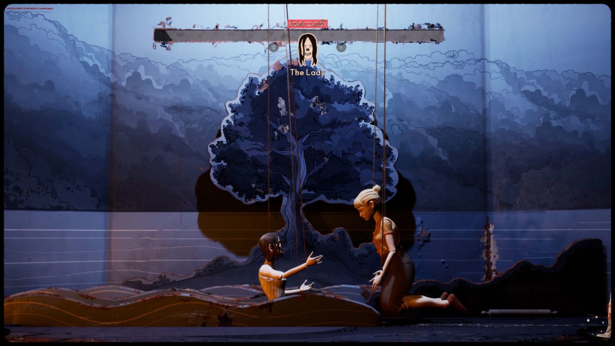 Martha Is Dead scene showing 2 puppets on a water-themed stage.