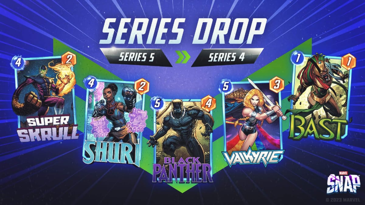 Marvel Snap series 5 cards Super Skrull, Shuri, Black Panther, Valkyrie, and Bast becoming Series 4