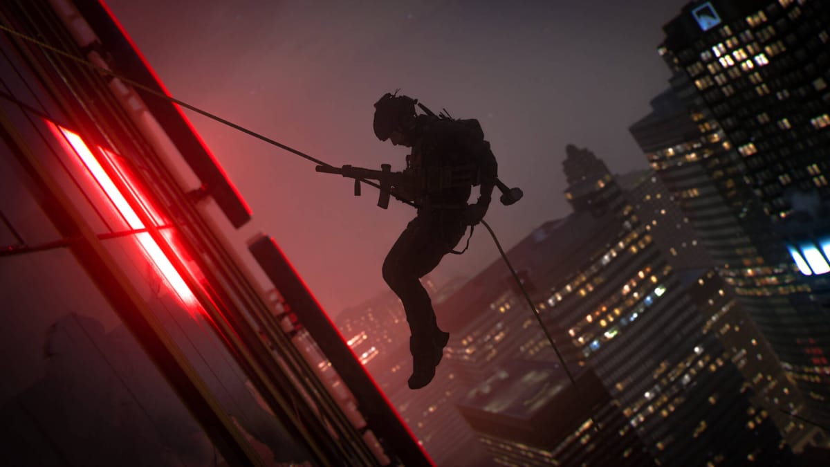 A soldier rappelling down the side of a building in Call of Duty: Modern Warfare 2, which topped December sales charts according to the NPD Group