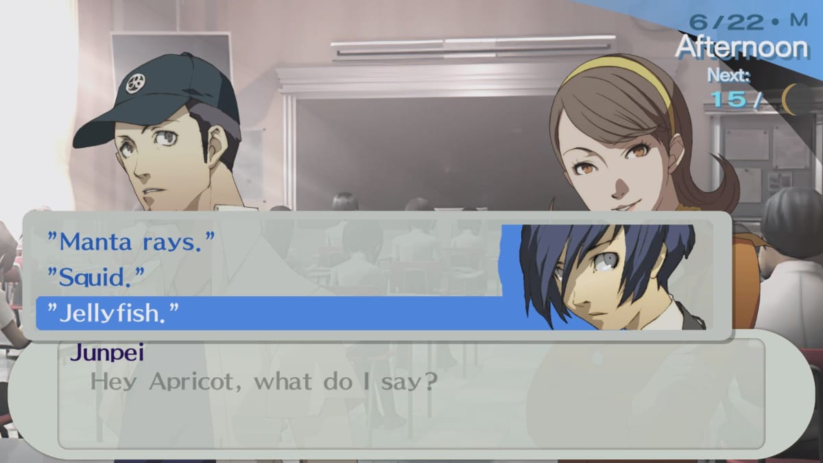 A question being asked in a class in Persona 3 Portable