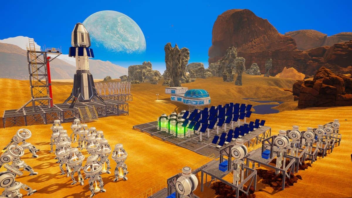 An array of solar panels and other equipment in survival terraforming game The Planet Crafter