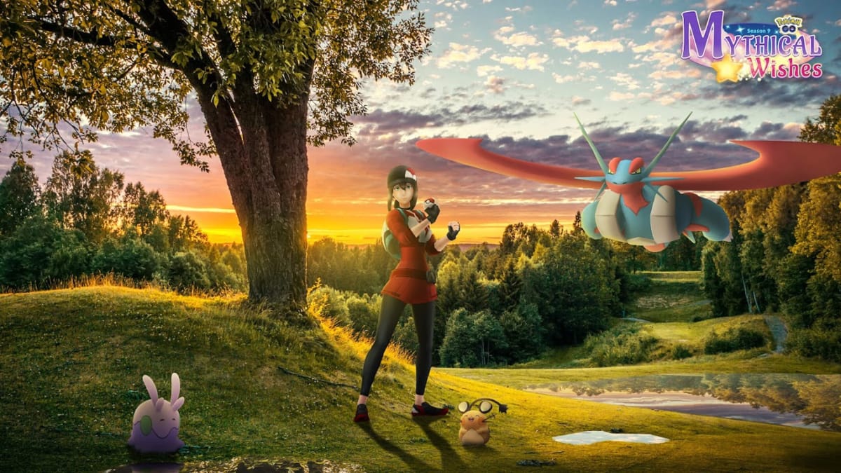 A trainer standing in a field with a Goomy, a Dedenne, and a Mega Salamence in Pokemon Go