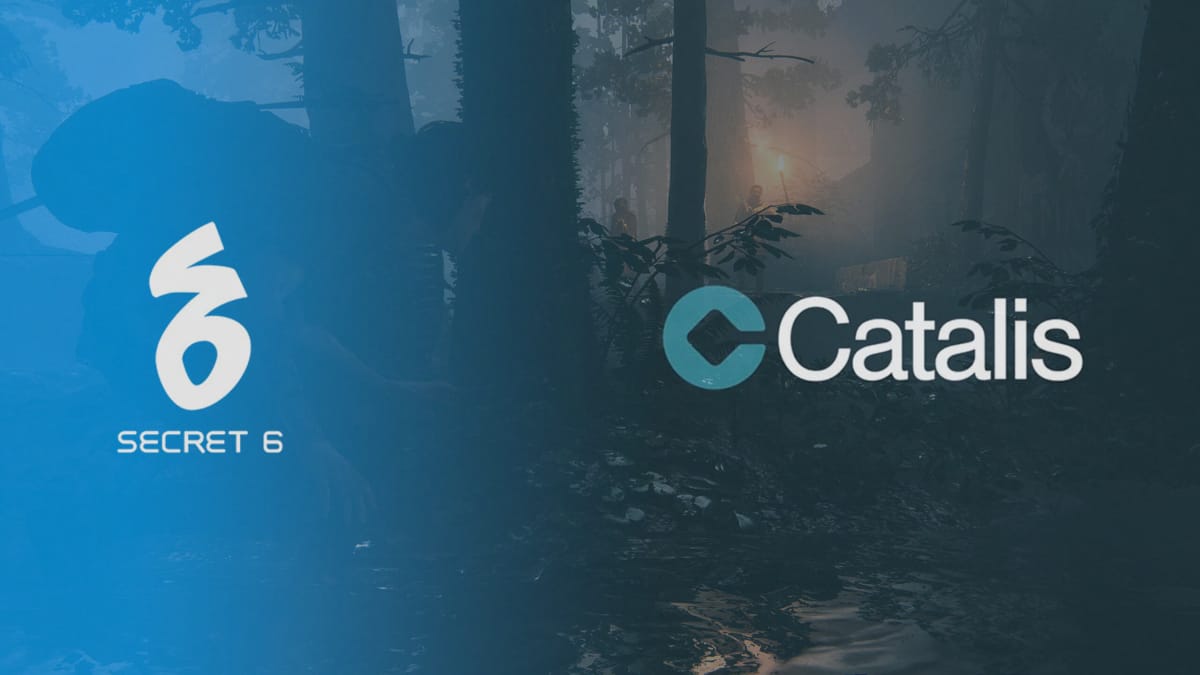 The Secret 6 and Catalis logos over a shot of a character sneaking in The Last of Us Part II