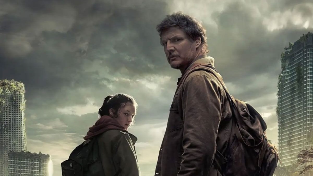 Promotional image from HBO's The Last of Us with Joel and Ellie on the front