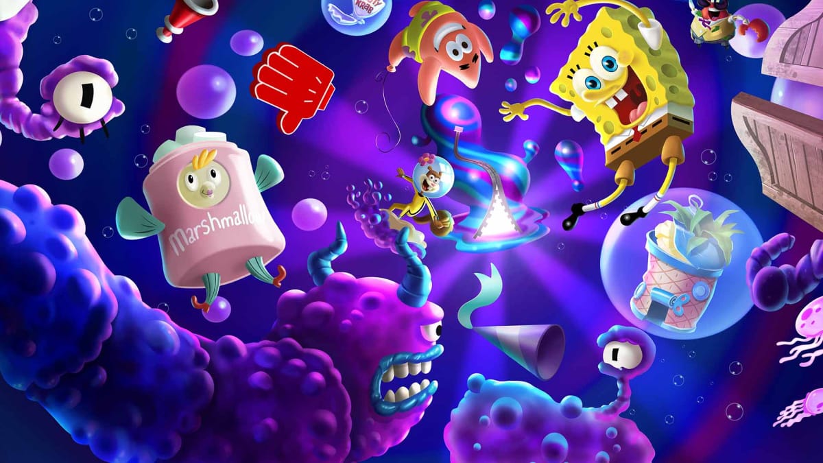A spread shot image of The Cosmic Shake's game cover, showcasing SpongeBob floating with Patrick Star, Sandy, Mrs. Puff, and various enemies within the game.