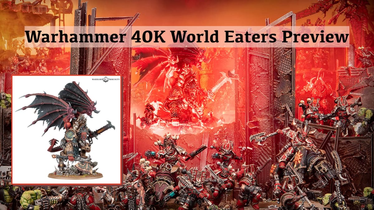 An image of the Warhammer 40K World Eaters Army led by their leader Angron, a huge red devil-like creature