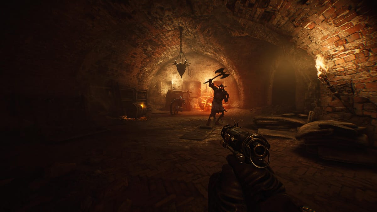 The player pointing their gun at enemies in a dingy dungeon in Witchfire
