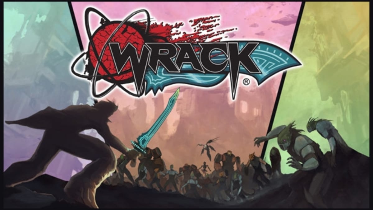 Wrack Key Art showing a silhouette wielding a strange blue blade with a cast of desaturated characters below