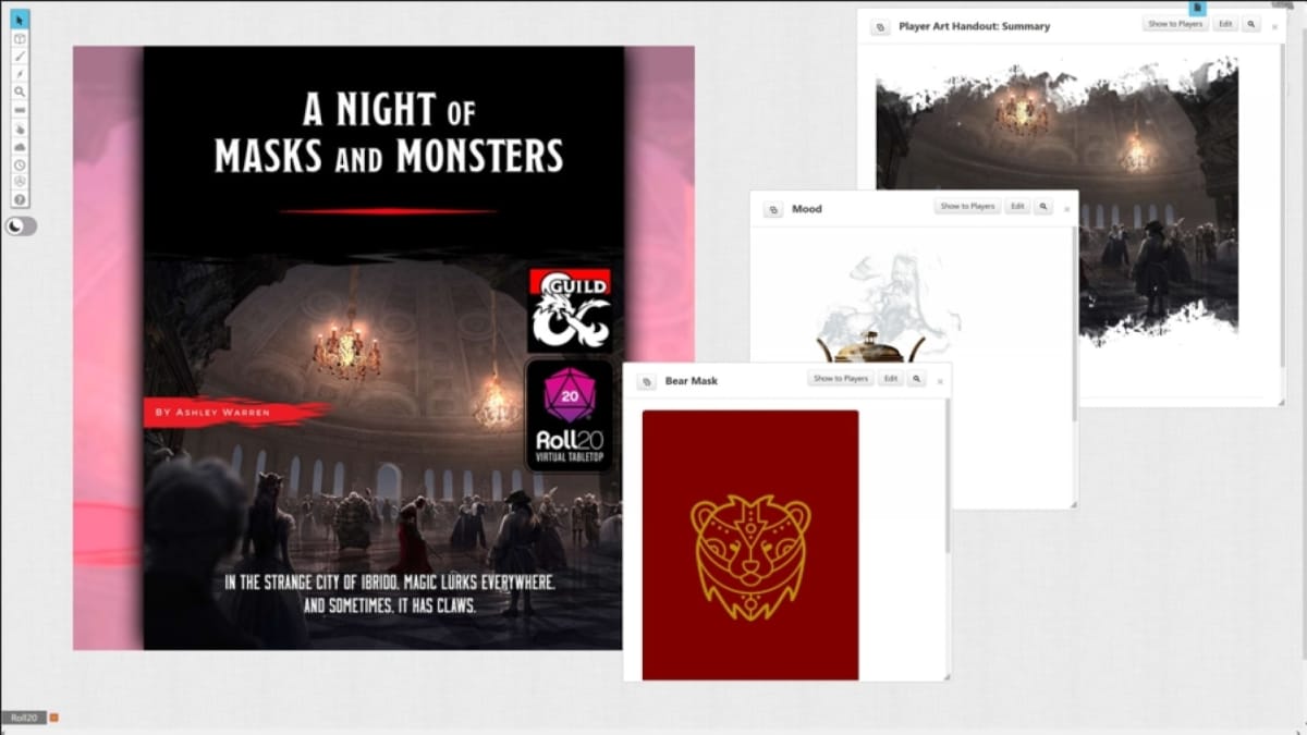 A Roll20 campaign featuring the DMs Guild module, A Night of Masks and Monsters