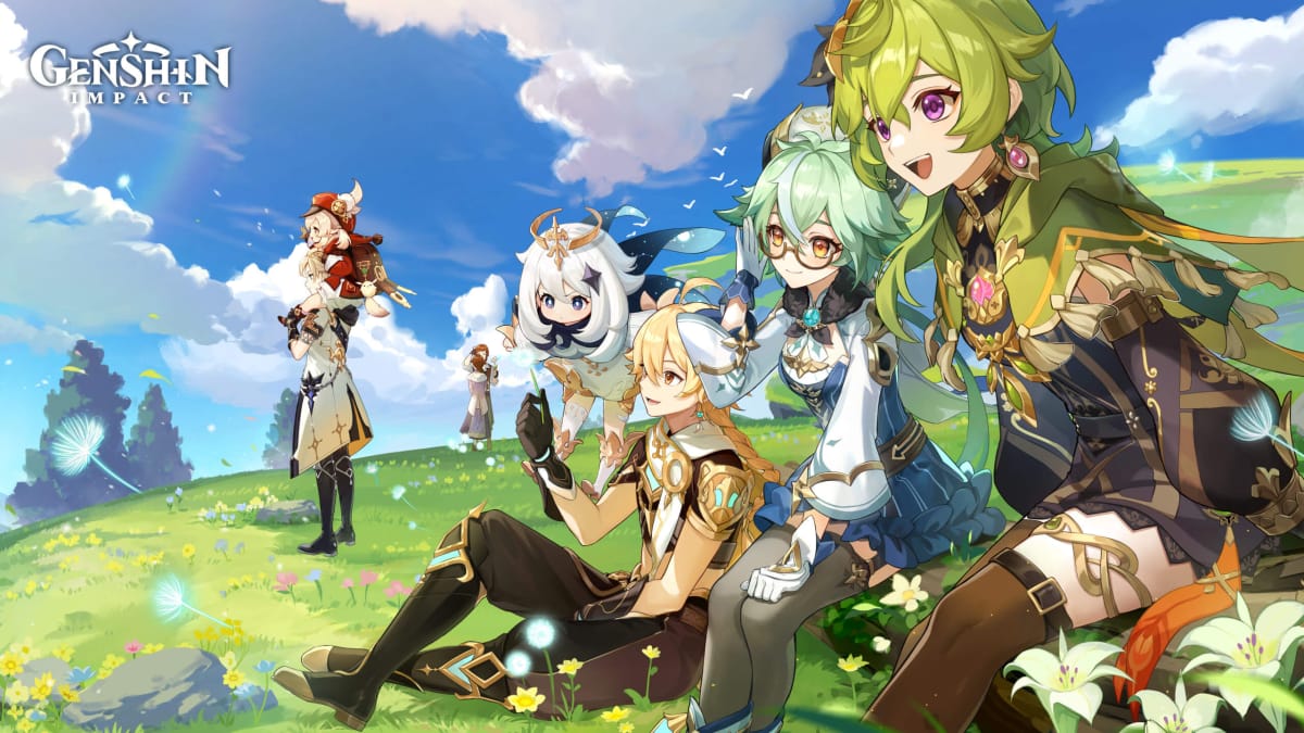 Key art depicting many of Genshin Impact version 3.5's characters relaxing in a field