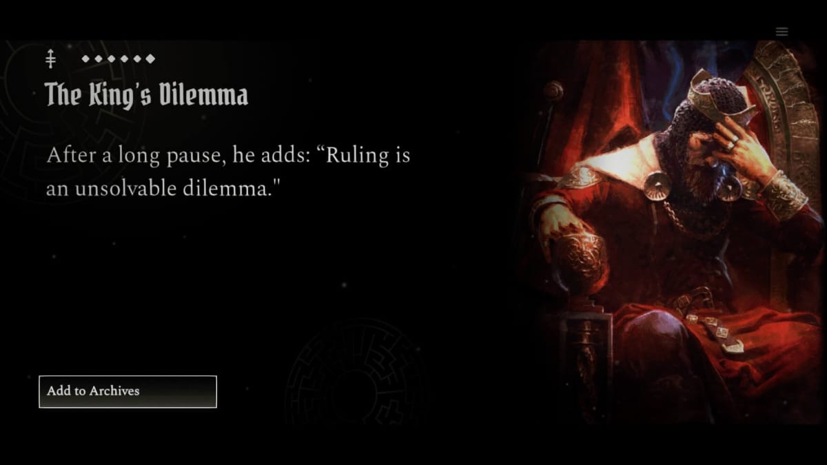 The King's Dilemma Chronicles opening segment stating "ruling is the real dilemma"