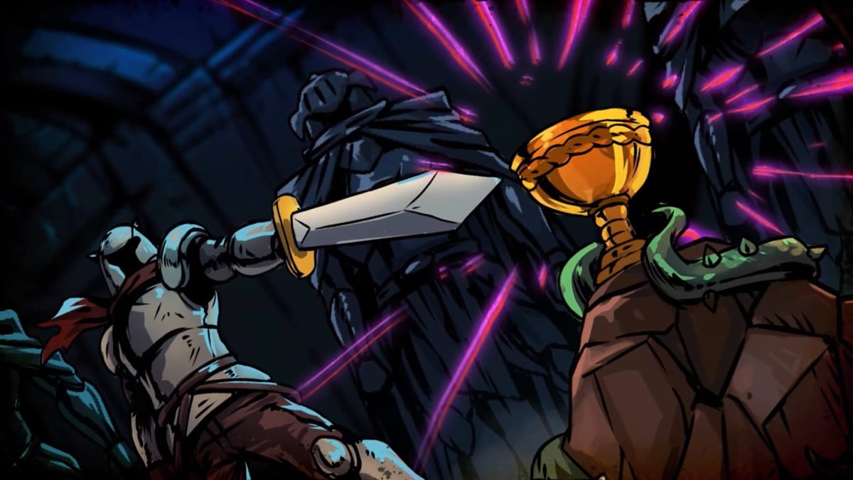 A knight pointing a sword at a golden chalice in the indie roguelite Knight vs Giant: The Broken Excalibur