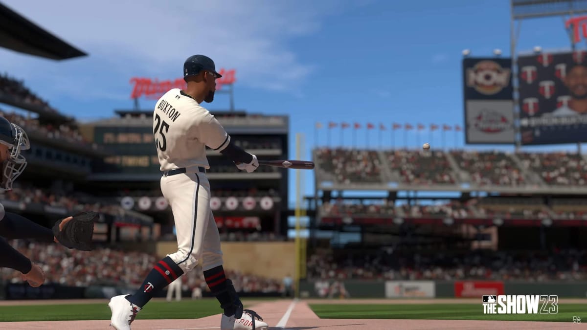A batter swinging for the stands in MLB The Show 23