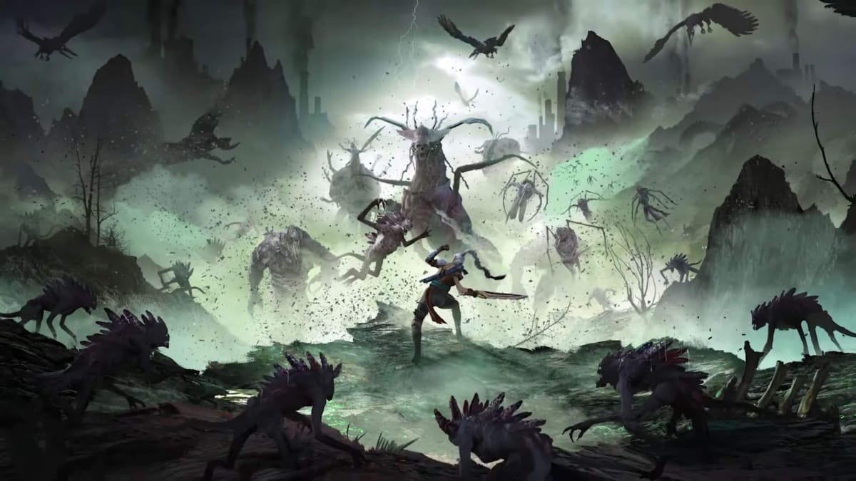 Key art showing the main character slaying a horde of undead monsters in Morbid: The Lords of Ire