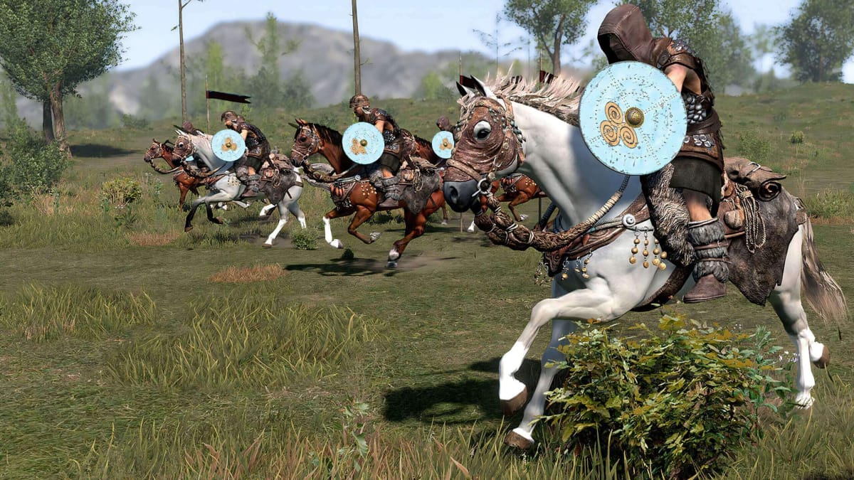 Several riders riding through the fields in Mount & Blade II: Bannerlord, which is heading to Game Pass next week