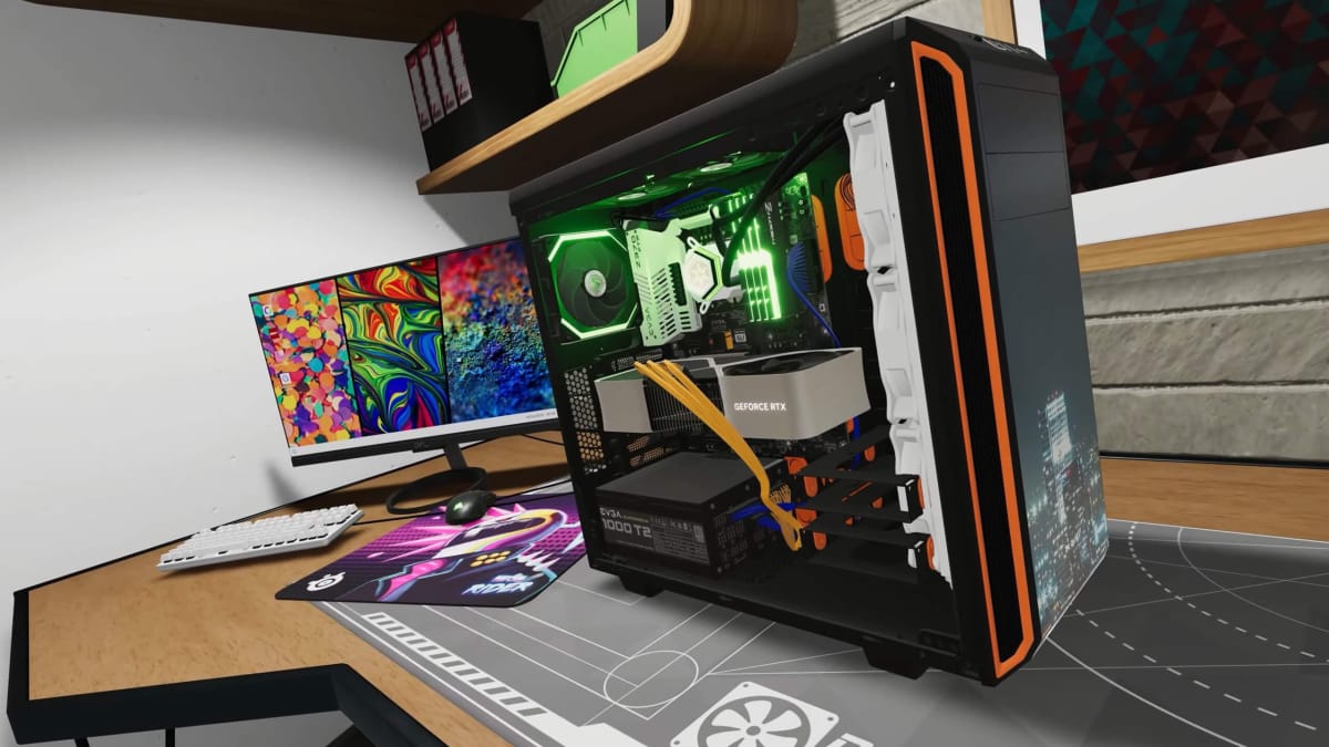 A PC with multicolored cables in the new PC Building Simulator 2 update